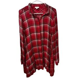 J. Jill Red Plaid Button-Down Tunic Top Rayon Womens Size L